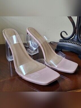 Fashion Nova Nude  Clear Strap Block Heel Mule